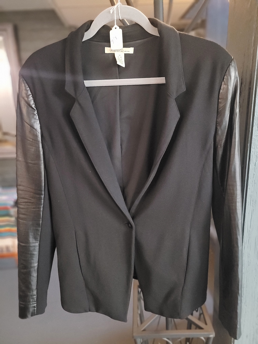 Women's Black Keneth Cole Blazer with Leather Sleeves Size 12